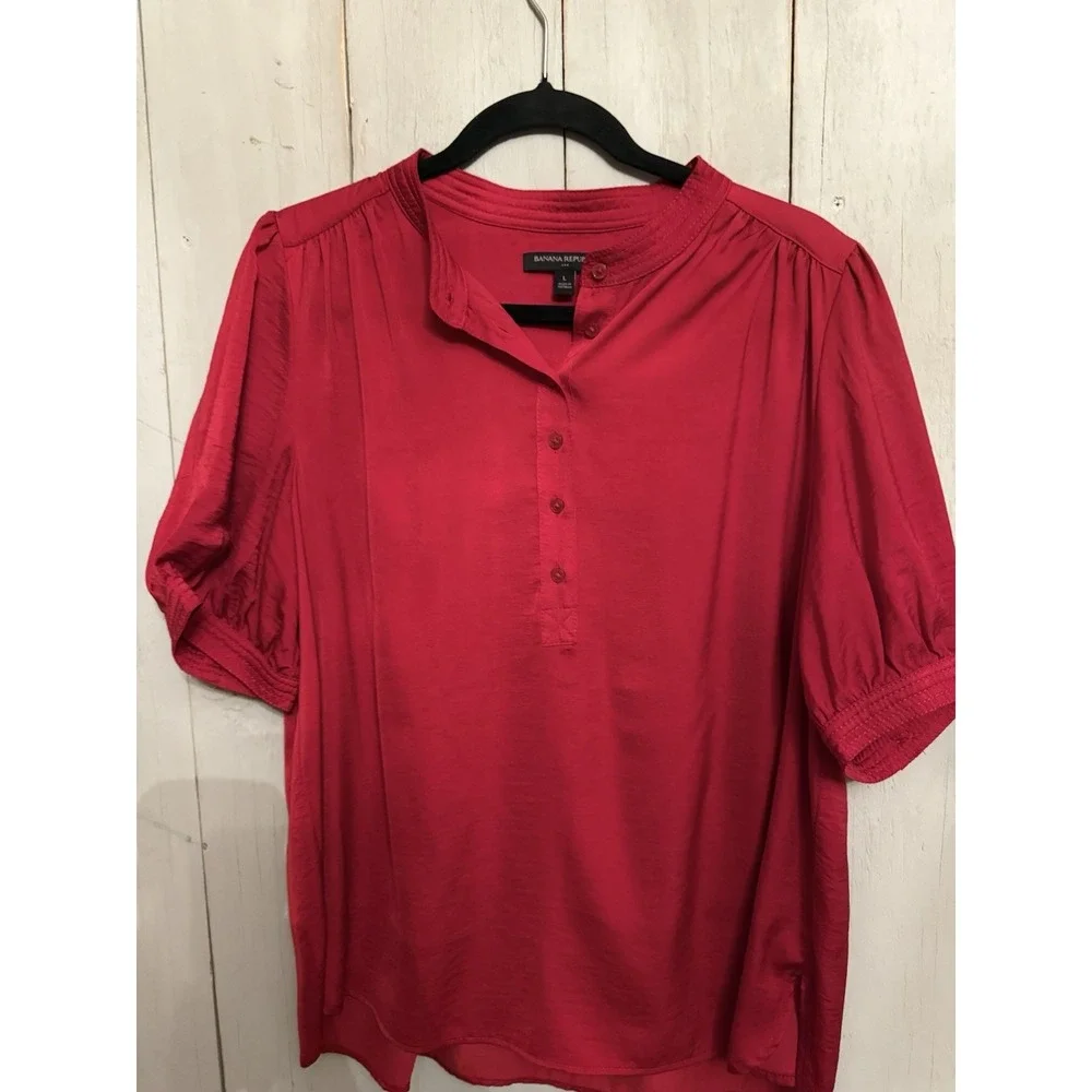 Banana‎ Republic Volume Puff Short Sleeve Blouse Sz-Lg Apple Red Satin Silky